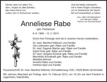 Traueranzeige von Anneliese Rabe von Echo-Zeitungen (Gesamtausgabe)