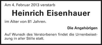 Traueranzeige von Heinrich Eisenhauer von Odenwälder Echo