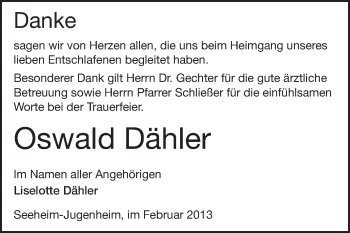 Traueranzeige von Oswald Dähler von Echo-Zeitungen (Gesamtausgabe)