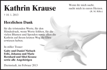 Traueranzeige von Kathrin Krause von Darmstädter Echo, Odenwälder Echo, Rüsselsheimer Echo, Groß-Gerauer-Echo, Ried Echo