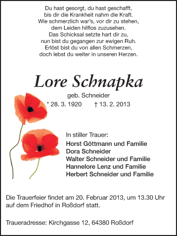 Traueranzeige von Lore Schnapka von Darmstädter Echo, Odenwälder Echo, Rüsselsheimer Echo, Groß-Gerauer-Echo, Ried Echo