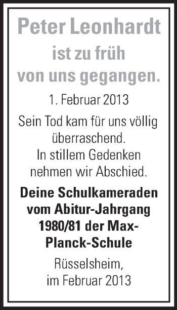 Traueranzeige von Peter Leonhardt von Rüsselsheimer Echo, Groß-Gerauer-Echo, Ried Echo