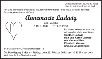 Traueranzeige von Annemarie Ludwig von Echo-Zeitungen (Gesamtausgabe)