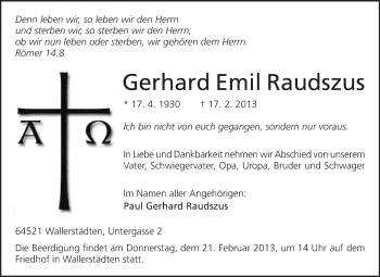 Traueranzeige von Gerhard Emil Raudszus von Rüsselsheimer Echo, Groß-Gerauer-Echo, Ried Echo