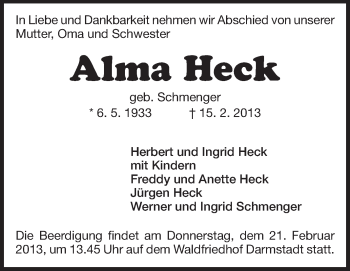 Traueranzeige von Alma Heck von Echo-Zeitungen (Gesamtausgabe)