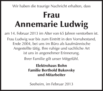 Traueranzeige von Annemarie Ludwig von Echo-Zeitungen (Gesamtausgabe)