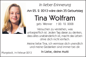 Traueranzeige von Tina Wolfram von Echo-Zeitungen (Gesamtausgabe)