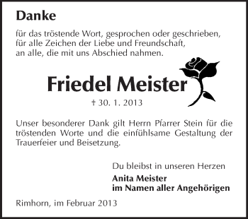 Traueranzeige von Friedel Meister von Odenwälder Echo