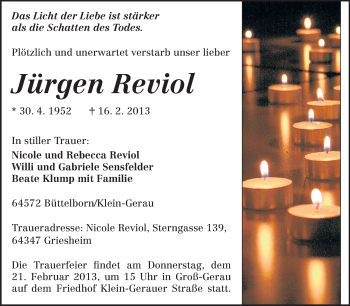 Traueranzeige von Jürgen Reviol von Rüsselsheimer Echo, Groß-Gerauer-Echo, Ried Echo