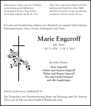 Traueranzeige von Marie Engeroff von Rüsselsheimer Echo, Groß-Gerauer-Echo, Ried Echo