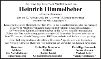 Traueranzeige von Heinrich Himmelheber von Echo-Zeitungen (Gesamtausgabe)