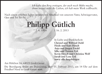 Traueranzeige von Philipp Gütlich von Rüsselsheimer Echo, Groß-Gerauer-Echo, Ried Echo