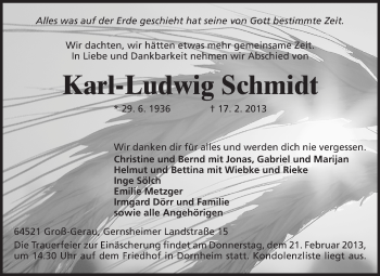 Traueranzeige von Karl-Ludwig Schmidt von Rüsselsheimer Echo, Groß-Gerauer-Echo, Ried Echo