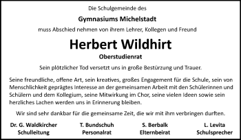 Traueranzeige von Herbert Wildhirt von Odenwälder Echo
