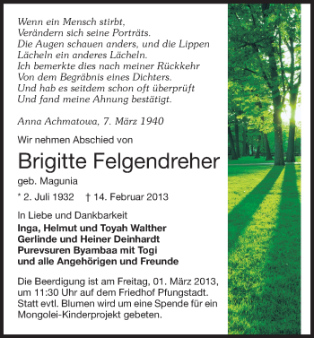 Traueranzeige von Brigitte Felgendreher von Echo-Zeitungen (Gesamtausgabe)