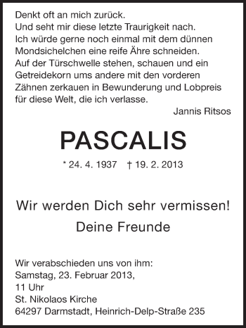 Traueranzeige von Pascalis  von Echo-Zeitungen (Gesamtausgabe)