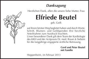 Traueranzeige von Elfriede Beutel von Starkenburger Echo