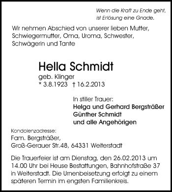 Traueranzeige von Hella Schmidt von Echo-Zeitungen (Gesamtausgabe)