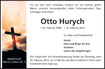 Traueranzeige von Otto Hurych von Starkenburger Echo