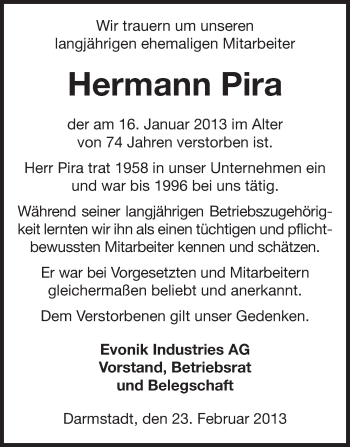 Traueranzeige von Hermann Pira von Echo-Zeitungen (Gesamtausgabe)