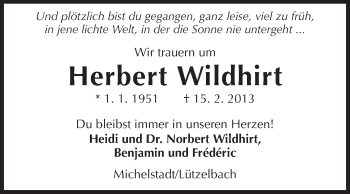 Traueranzeige von Herbert Wildhirt von Odenwälder Echo