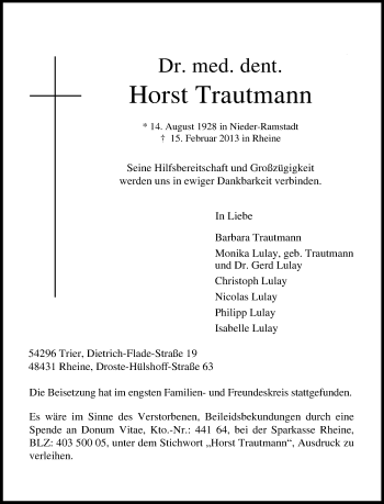 Traueranzeige von Horst Trautmann von Echo-Zeitungen (Gesamtausgabe)