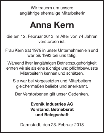 Traueranzeige von Anna Kern von Echo-Zeitungen (Gesamtausgabe)