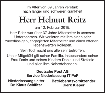 Traueranzeige von Helmut Reitz von Echo-Zeitungen (Gesamtausgabe)