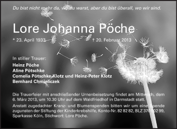 Traueranzeige von Lore Johanna Pöche von Echo-Zeitungen (Gesamtausgabe)