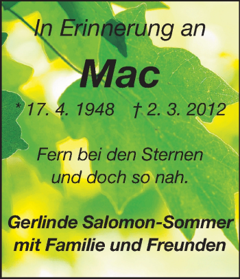 Traueranzeige von Mac  von Echo-Zeitungen (Gesamtausgabe)