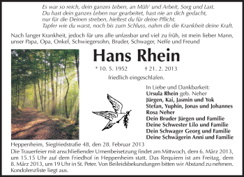 Traueranzeige von Hans Rhein von Starkenburger Echo