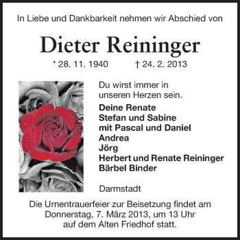 Traueranzeige von Dieter Reininger von Echo-Zeitungen (Gesamtausgabe)