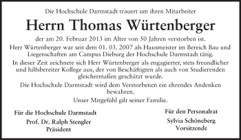 Traueranzeige von Thomas Würtenberger von Echo-Zeitungen (Gesamtausgabe)