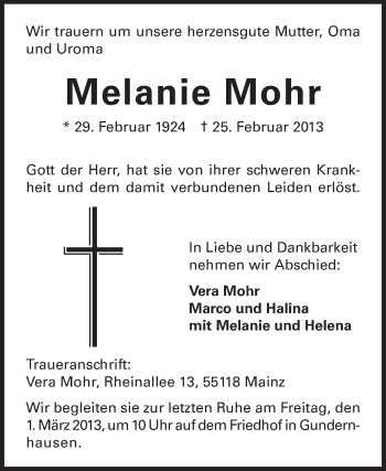 Traueranzeige von Melanie Mohr von Echo-Zeitungen (Gesamtausgabe)