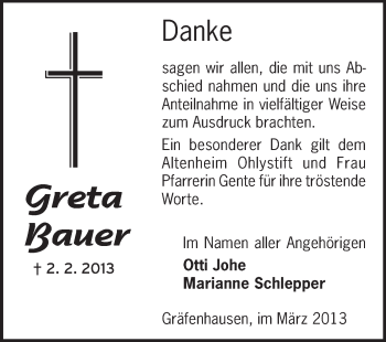 Traueranzeige von Greta Bauer von Echo-Zeitungen (Gesamtausgabe)