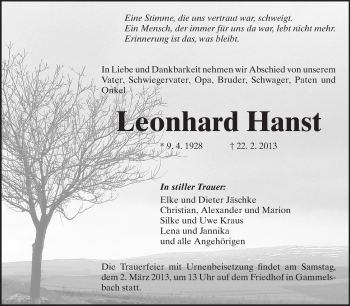Traueranzeige von Leonhard Hanst von Odenwälder Echo