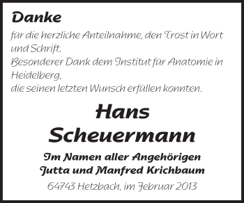 Traueranzeige von Hans Scheuermann von Odenwälder Echo