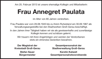 Traueranzeige von Annegret Paulata von Rüsselsheimer Echo, Groß-Gerauer-Echo, Ried Echo