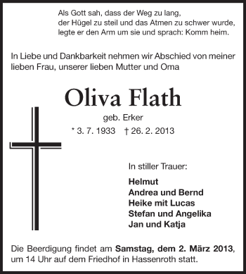 Traueranzeige von Oliva Flath von Echo-Zeitungen (Gesamtausgabe)