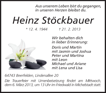 Traueranzeige von Heinz Stöckbauer von Odenwälder Echo
