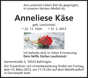 Traueranzeige von Anneliese Käse von Echo-Zeitungen (Gesamtausgabe)