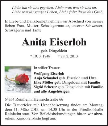 Traueranzeige von Anita Eiserloh von Darmstädter Echo, Odenwälder Echo, Rüsselsheimer Echo, Groß-Gerauer-Echo, Ried Echo