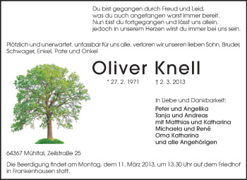 Traueranzeige von Oliver Knell von Echo-Zeitungen (Gesamtausgabe)