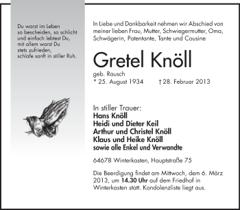 Traueranzeige von Gretel Knöll von Odenwälder Echo