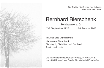 Traueranzeige von Bernhard Bierschenk von Echo-Zeitungen (Gesamtausgabe)