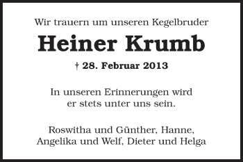 Traueranzeige von Heiner Krumb von Rüsselsheimer Echo, Groß-Gerauer-Echo, Ried Echo