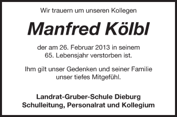 Traueranzeige von Manfred Kölbl von Echo-Zeitungen (Gesamtausgabe)