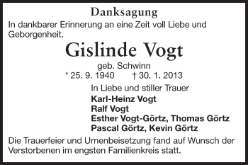 Traueranzeige von Giselind Vogt von Echo-Zeitungen (Gesamtausgabe)