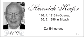 Traueranzeige von Heinrich Keefer von Odenwälder Echo