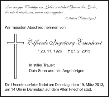 Traueranzeige von Elfriede Ingeborg Eisenhart von Echo-Zeitungen (Gesamtausgabe)